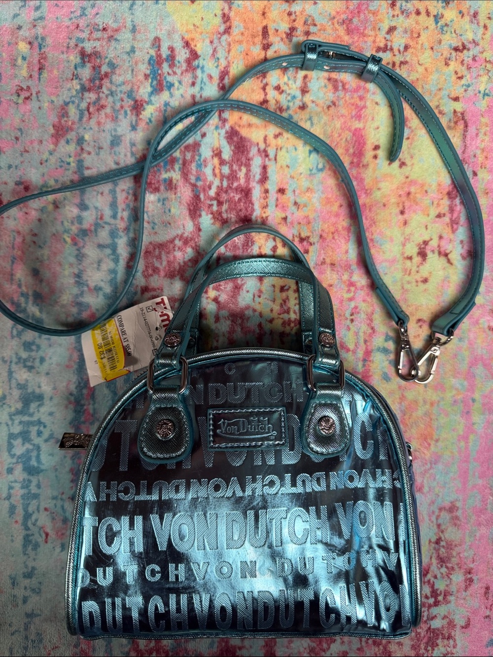 Von Dutch Metallic Teal Embossed Logo Crossbody Bag